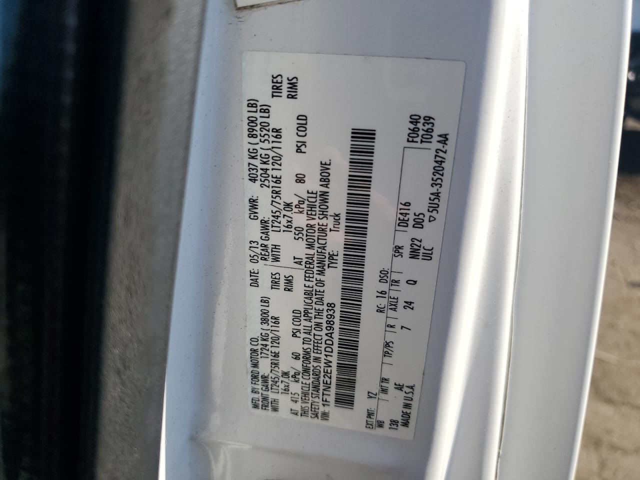 2013 Ford Econoline E250 Van VIN: 1FTNE2EW1DDA98938 Lot: 86257845