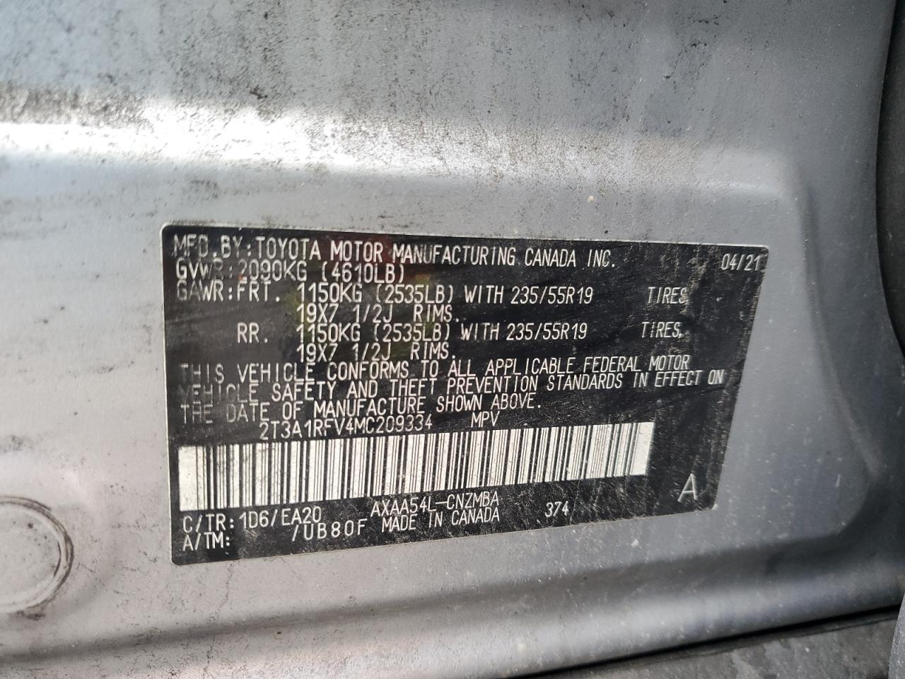 2021 Toyota Rav4 Xle Premium VIN: 2T3A1RFV4MC209334 Lot: 82337995