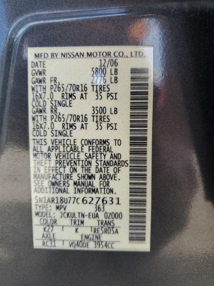 2007 Nissan Pathfinder Le VIN: 5N1AR18U77C627631 Lot: 84572615