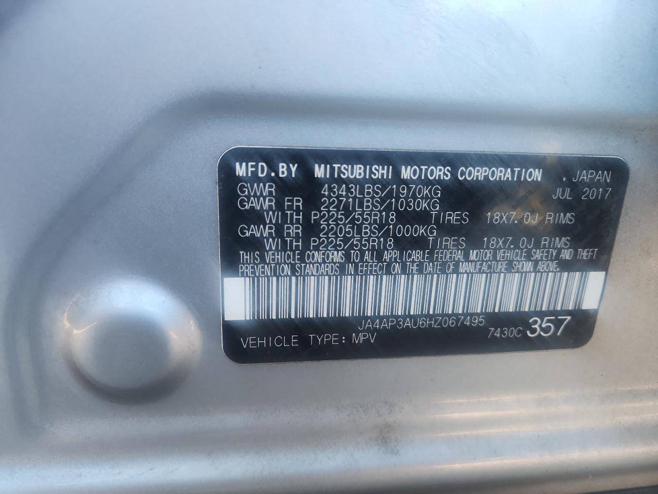 2017 Mitsubishi Outlander Sport Es VIN: JA4AP3AU6HZ067495 Lot: 87237645