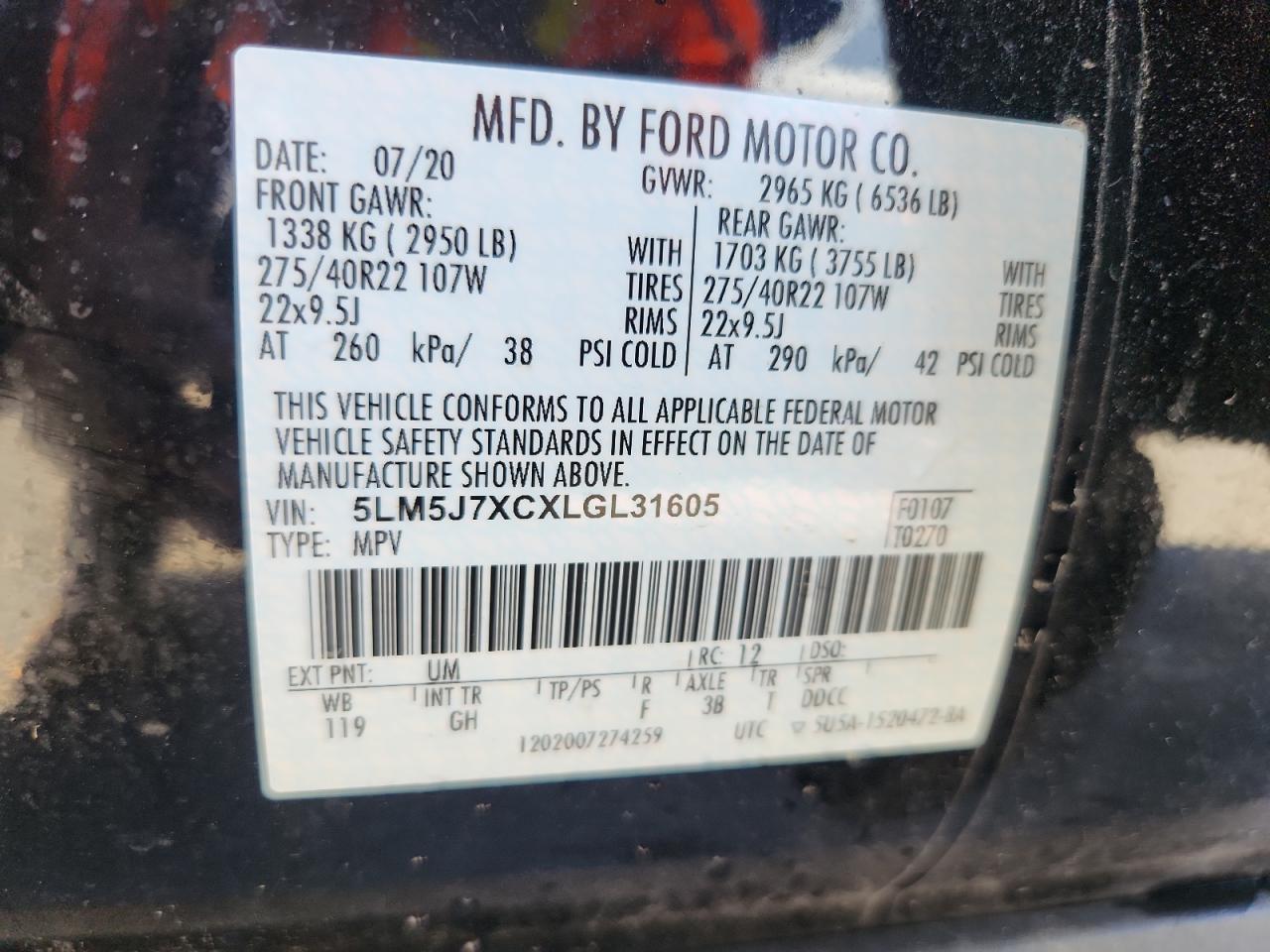 2020 Lincoln Aviator Reserve VIN: 5LM5J7XCXLGL31605 Lot: 87061005