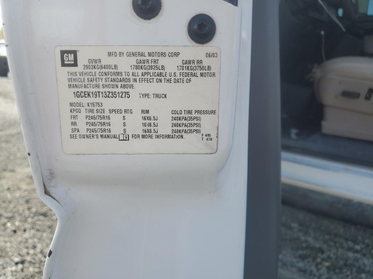 2003 Chevrolet Silverado K1500 VIN: 1GCEK19T13Z351275 Lot: 82404685