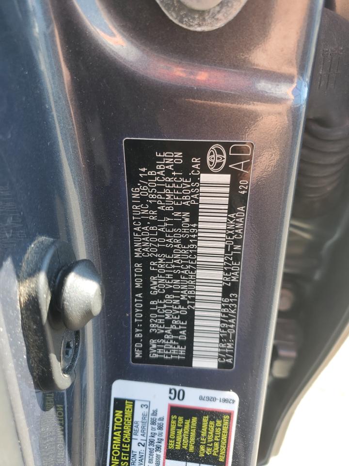 2014 Toyota Corolla L VIN: 2T1BURHE7EC191494 Lot: 84879645