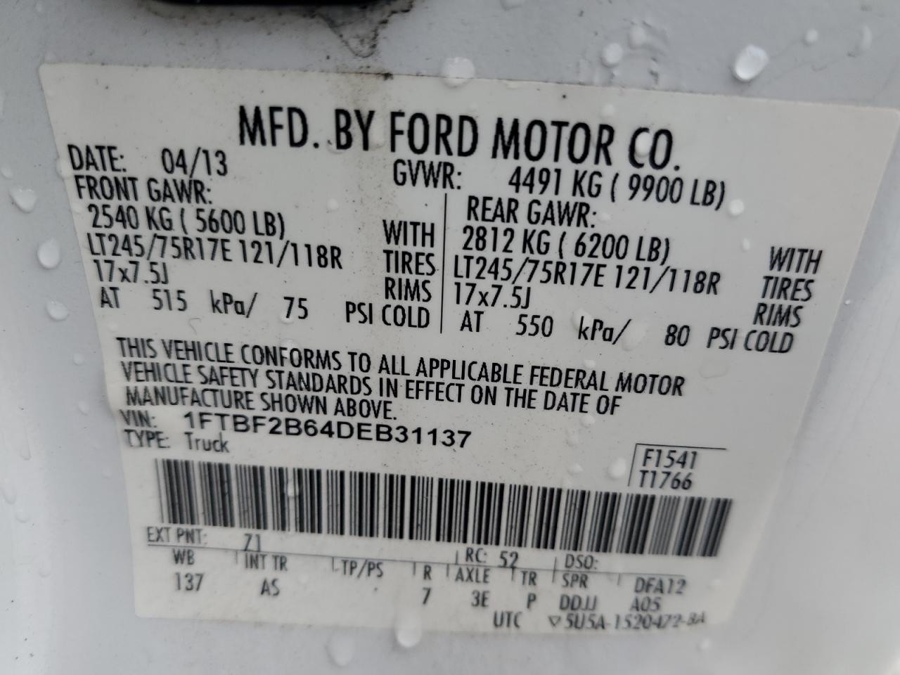 2013 Ford F250 Super Duty VIN: 1FTBF2B64DEB31137 Lot: 85294125