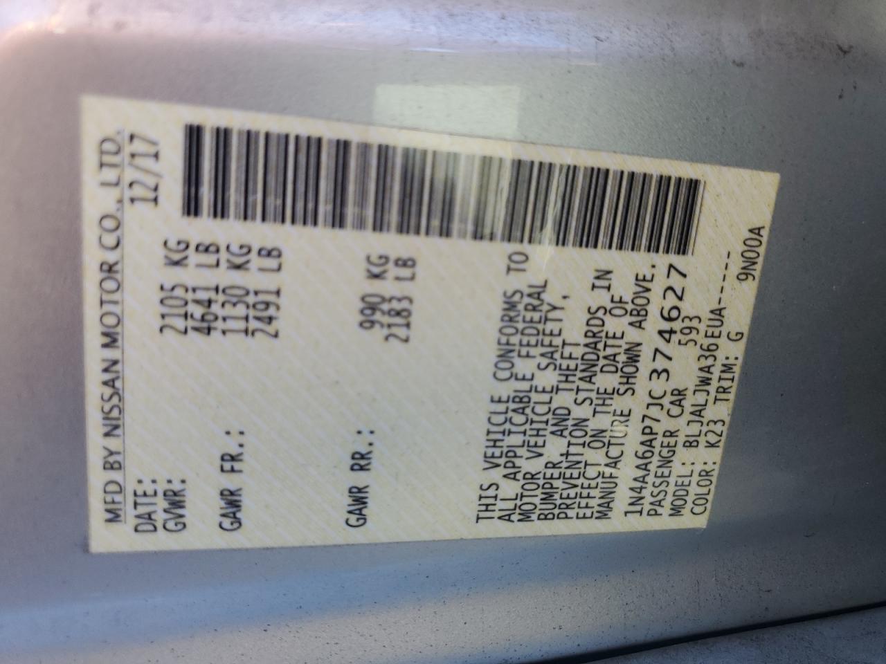 2018 Nissan Maxima 3.5S VIN: 1N4AA6AP7JC374627 Lot: 87203385