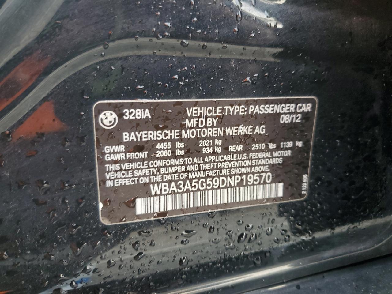 2013 BMW 328 I VIN: WBA3A5G59DNP19570 Lot: 82305735