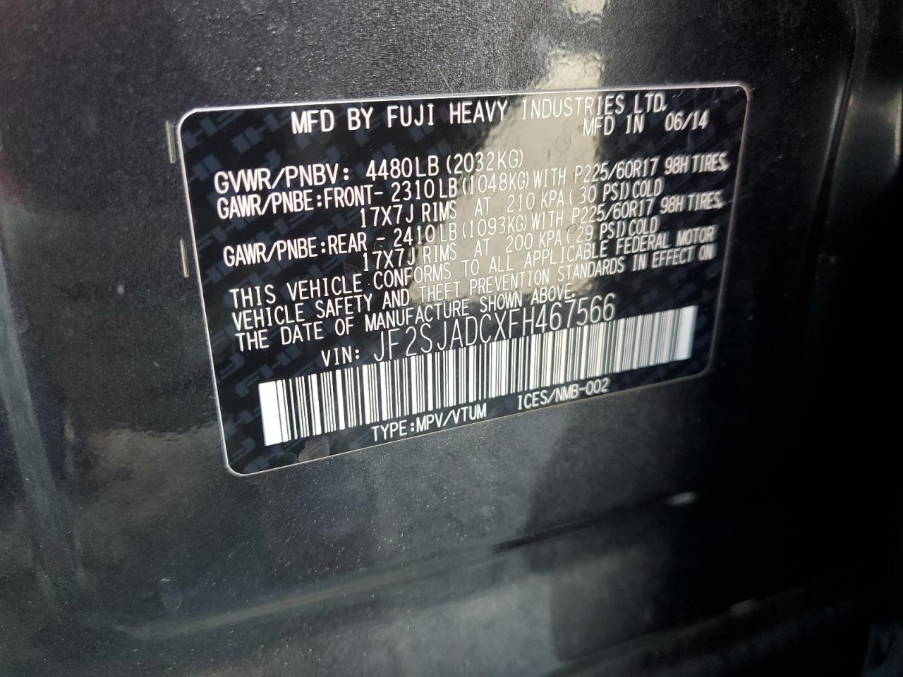 2015 Subaru Forester 2.5I Premium VIN: JF2SJADCXFH467566 Lot: 85319395