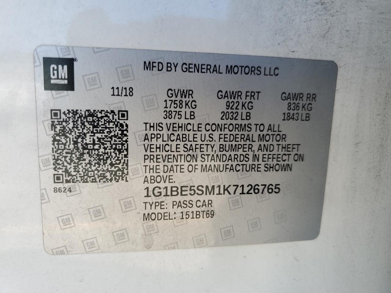 2019 Chevrolet Cruze Lt VIN: 1G1BE5SM1K7126765 Lot: 84967445