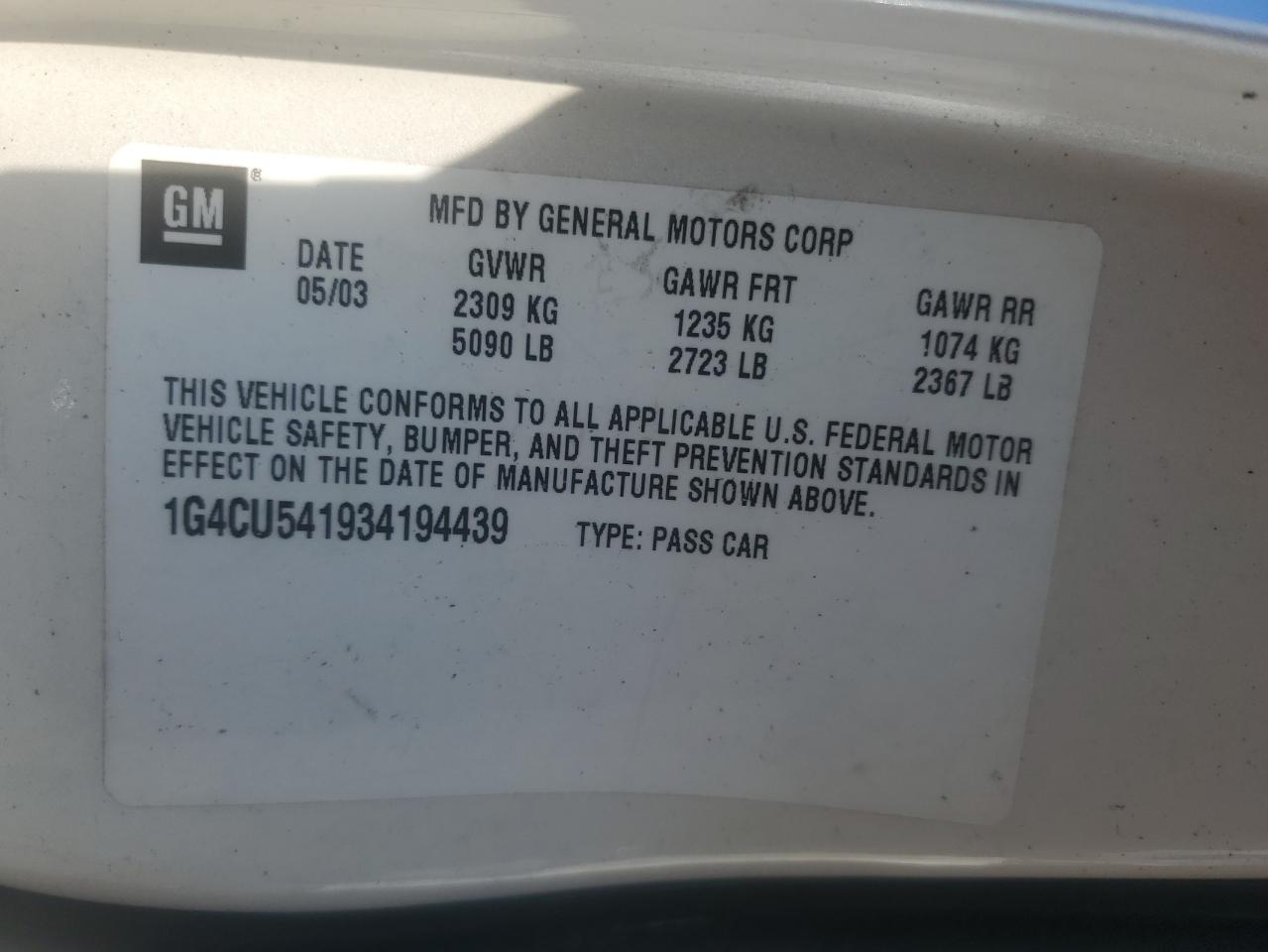 2003 Buick Park Avenue Ultra VIN: 1G4CU541934194439 Lot: 82197485