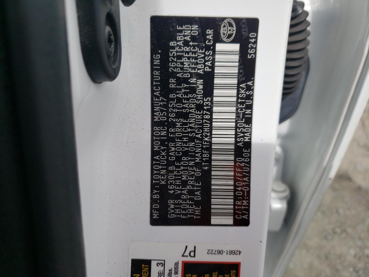 2017 Toyota Camry Le VIN: 4T1BF1FK2HU787135 Lot: 86255055