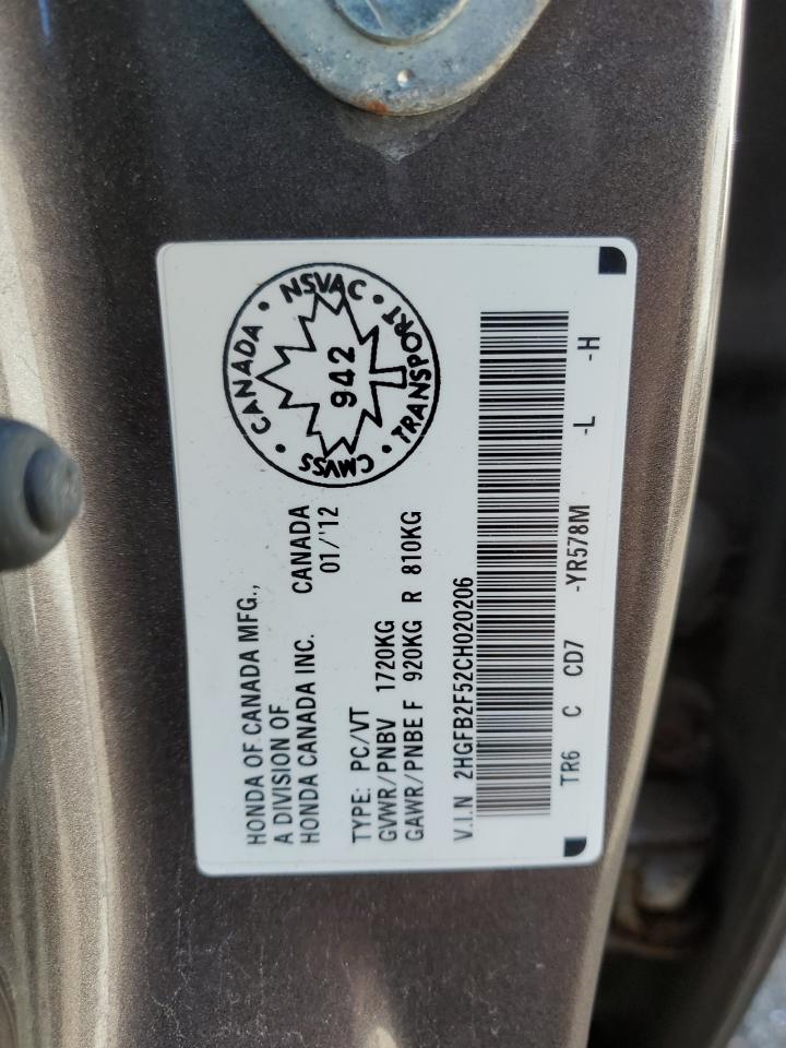 2012 Honda Civic Lx VIN: 2HGFB2F52CH020206 Lot: 84275575