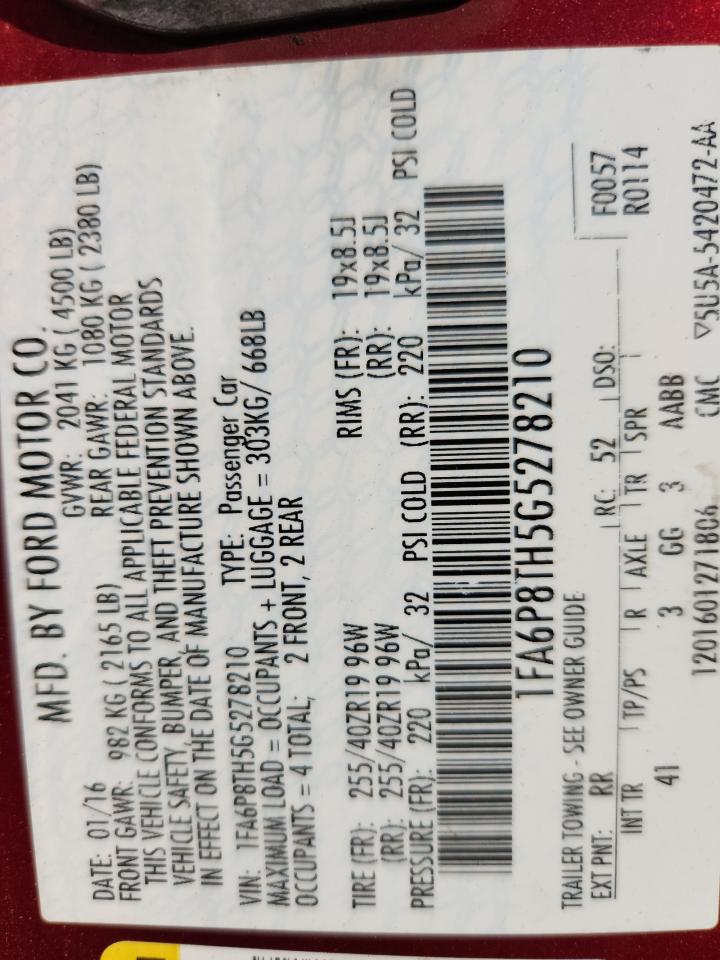 2016 Ford Mustang VIN: 1FA6P8TH5G5278210 Lot: 86881185