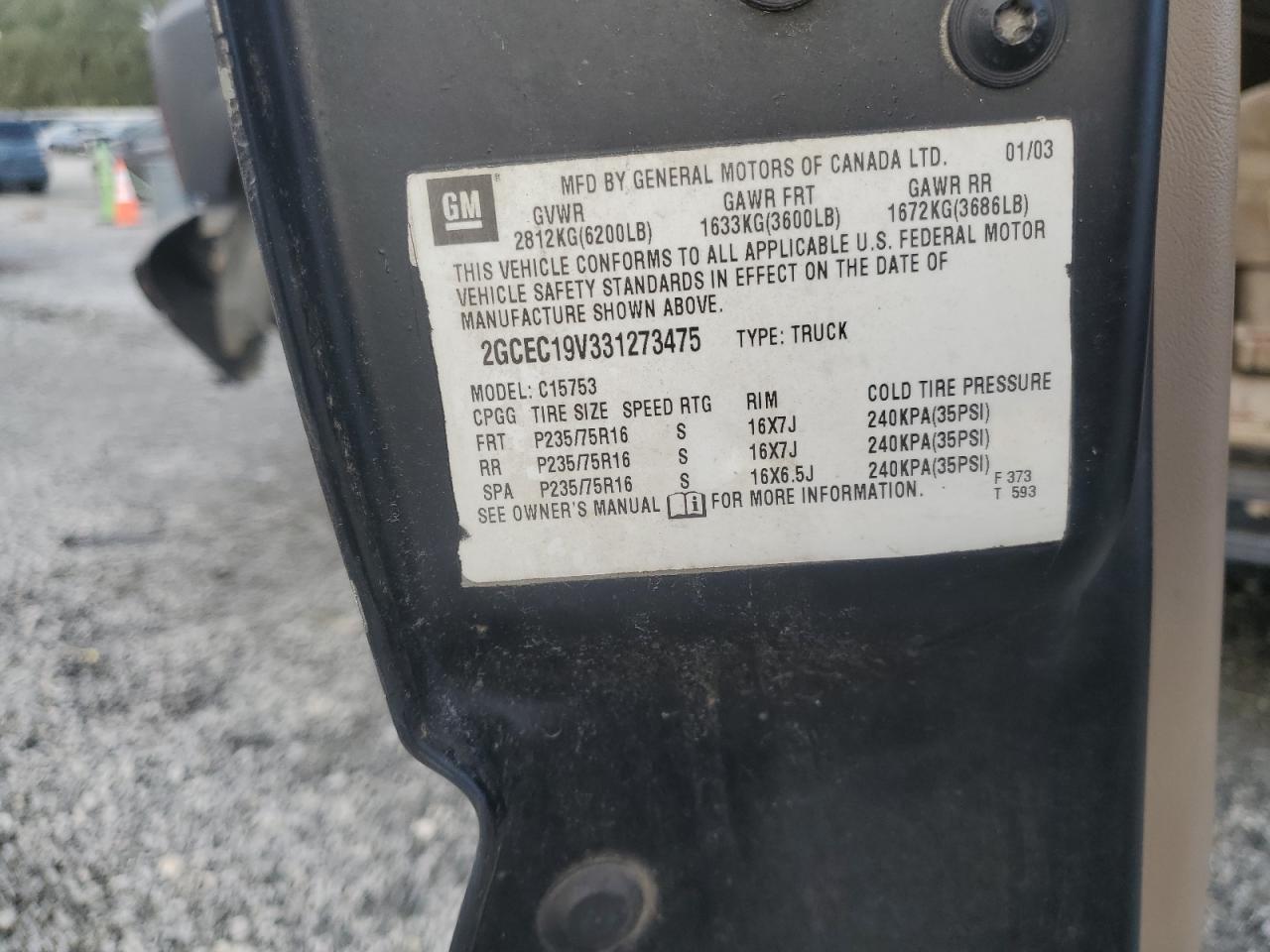2003 Chevrolet Silverado C1500 VIN: 2GCEC19V331273475 Lot: 85814095