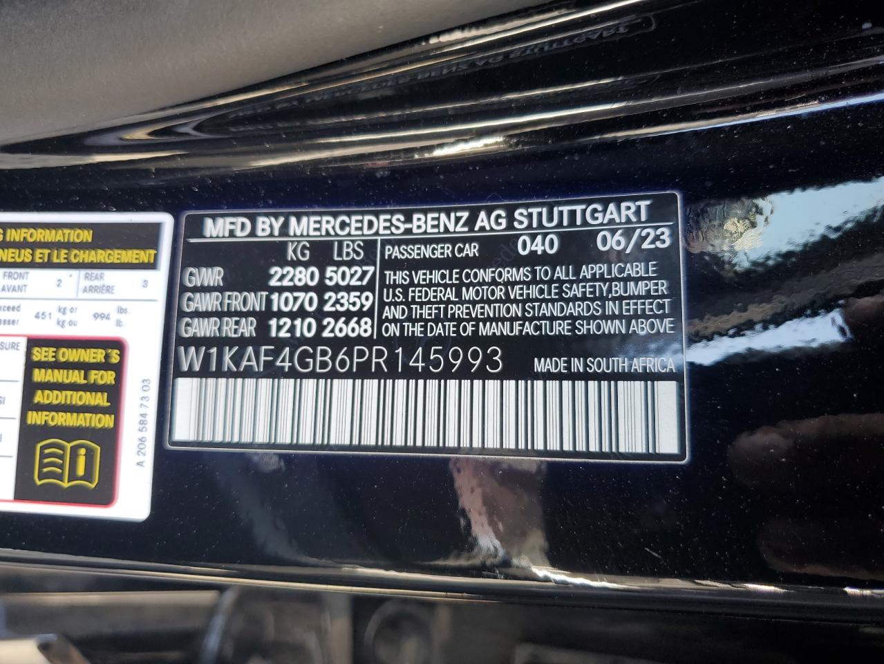 2023 Mercedes-Benz C 300 VIN: W1KAF4GB6PR145993 Lot: 85587725