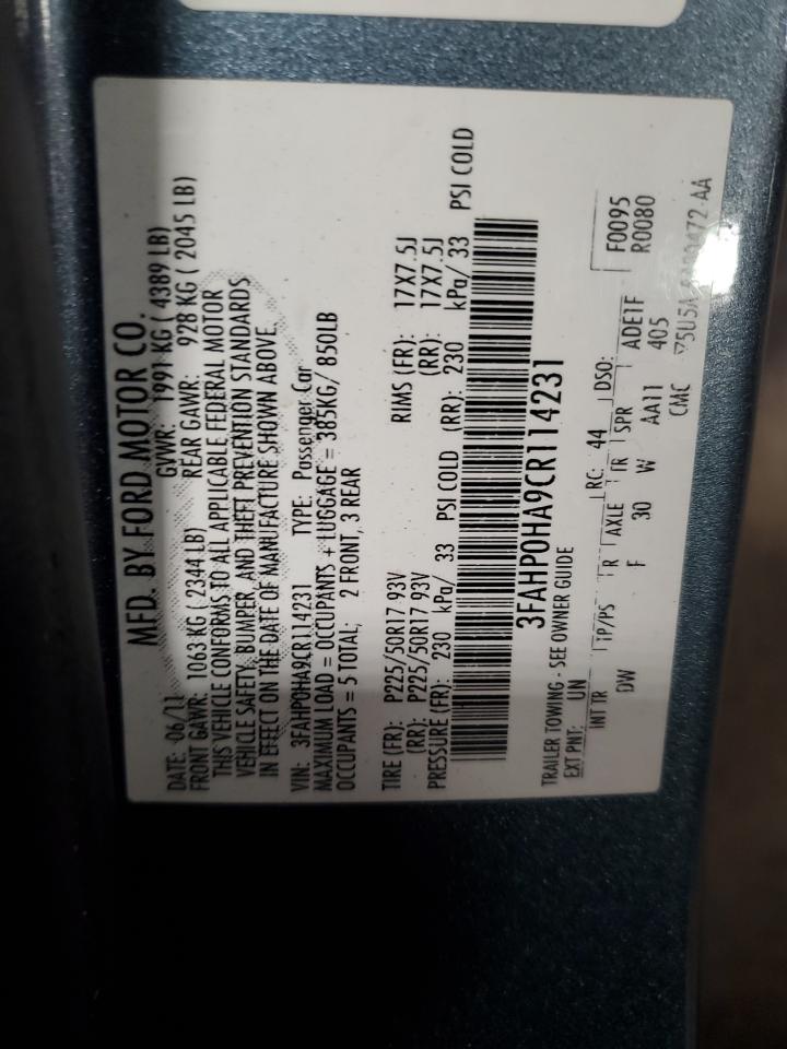 2012 Ford Fusion Se VIN: 3FAHP0HA9CR114231 Lot: 85839705