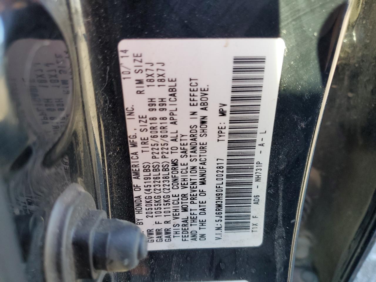 2015 Honda Cr-V Touring VIN: 5J6RM3H90FL002817 Lot: 89805625