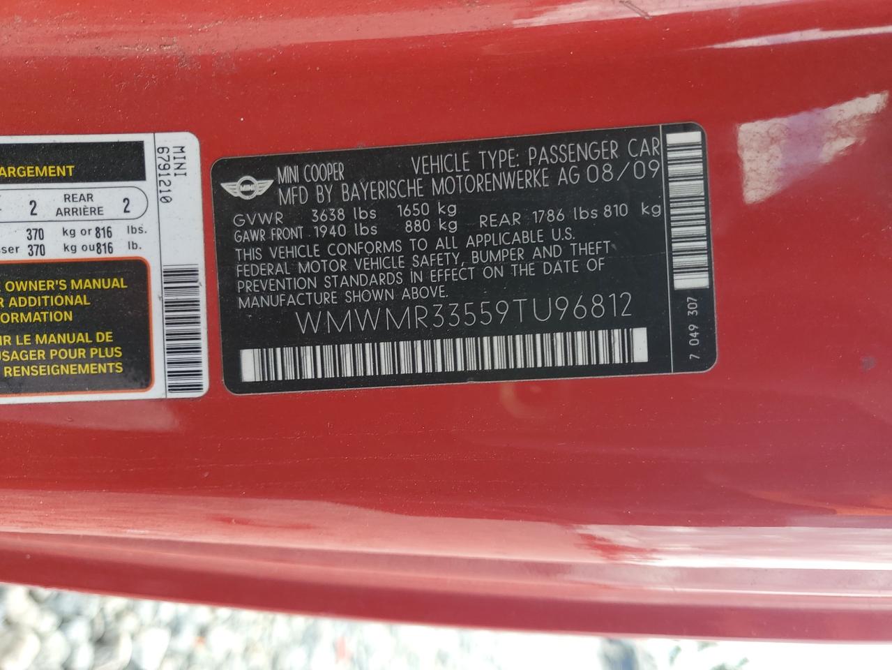 2009 Mini Cooper VIN: WMWMR33559TU96812 Lot: 82274145