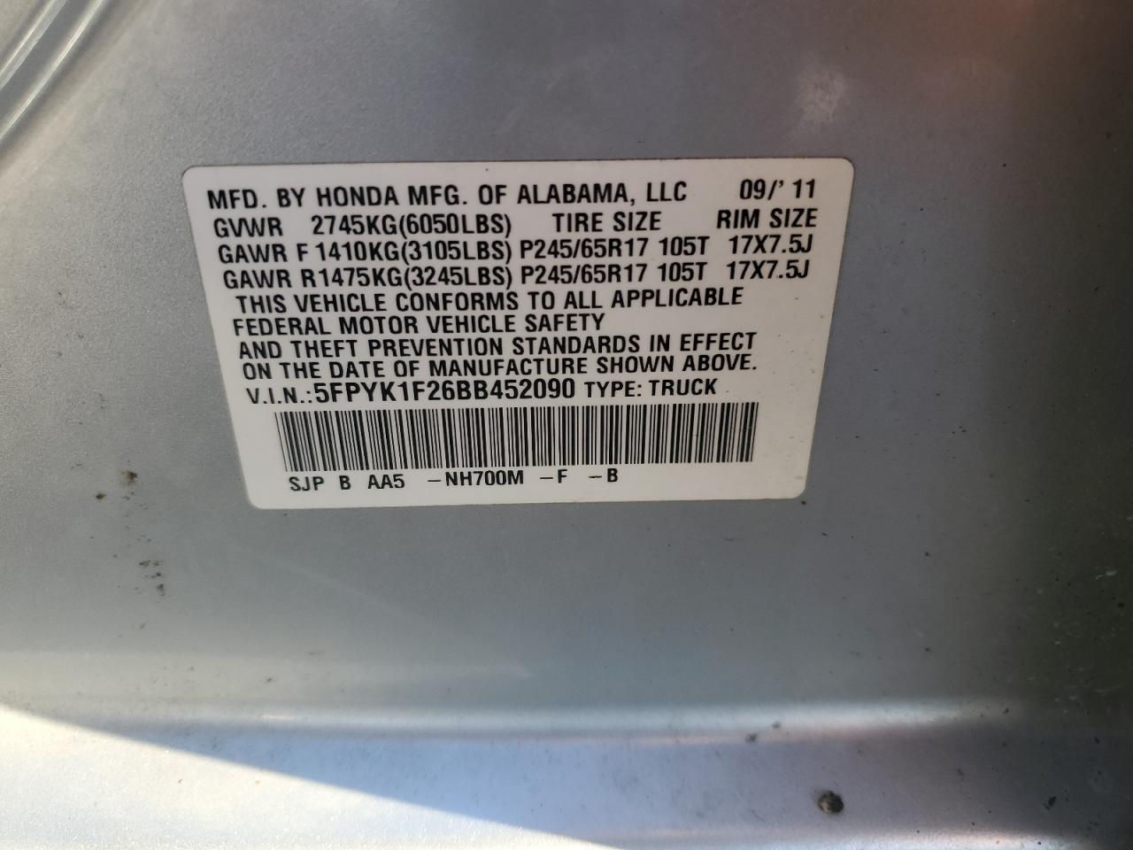 2011 Honda Ridgeline Rt VIN: 5FPYK1F26BB452090 Lot: 85682605