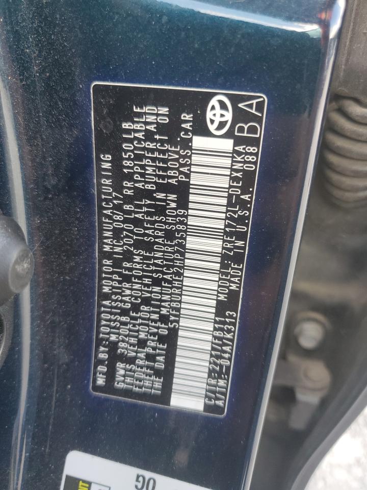 2017 Toyota Corolla L VIN: 5YFBURHE2HP735839 Lot: 85575975