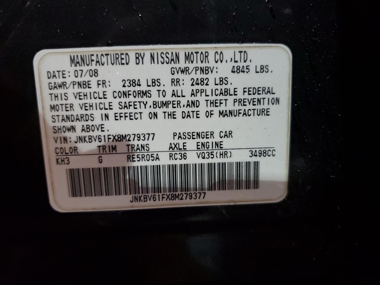 2008 Infiniti G35 VIN: JNKBV61FX8M279377 Lot: 90357515