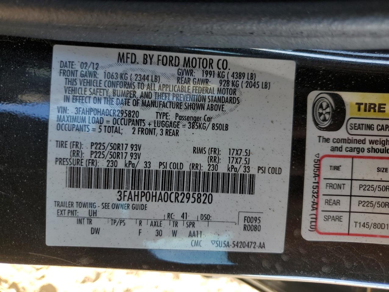 2012 Ford Fusion Se VIN: 3FAHP0HA0CR295820 Lot: 90436375