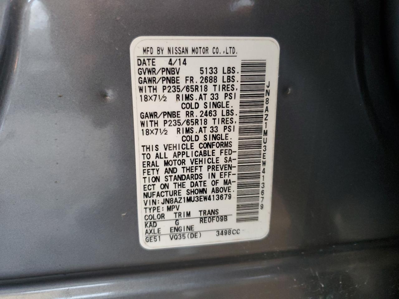 2014 Nissan Murano S VIN: JN8AZ1MU3EW413679 Lot: 84544655