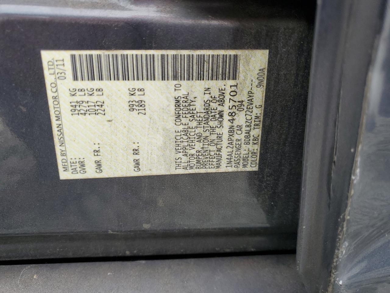 2011 Nissan Altima Base VIN: 1N4AL2APXBN485701 Lot: 82242925