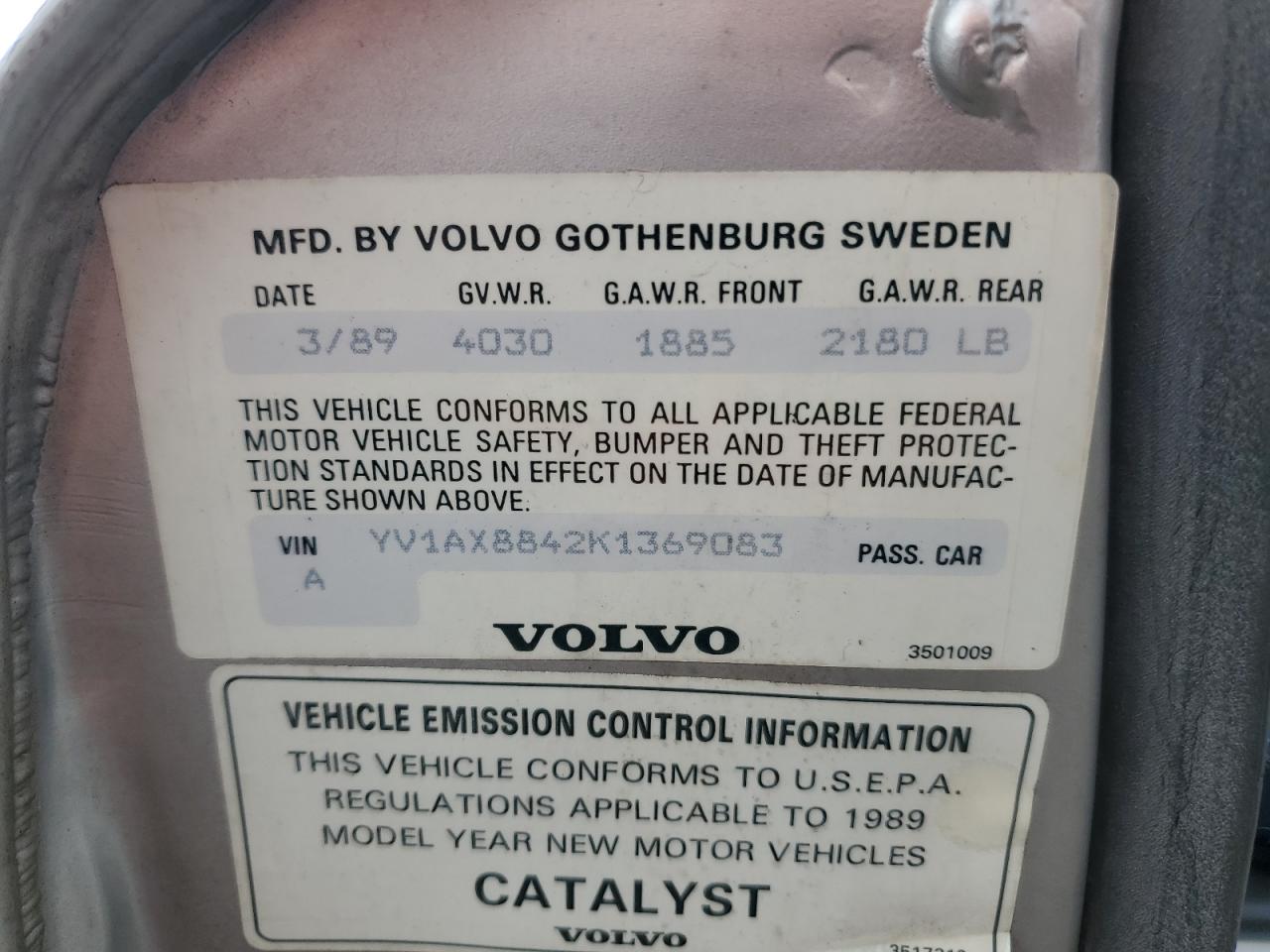 1989 Volvo 244 Dl VIN: YV1AX8842K1369083 Lot: 89806305