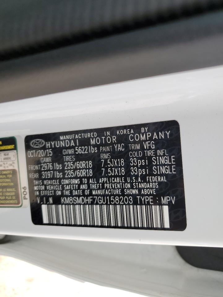 2016 Hyundai Santa Fe Se VIN: KM8SMDHF7GU158203 Lot: 82315565