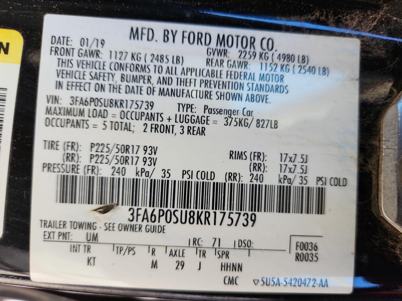 2019 Ford Fusion Titanium VIN: 3FA6P0SU8KR175739 Lot: 90458545