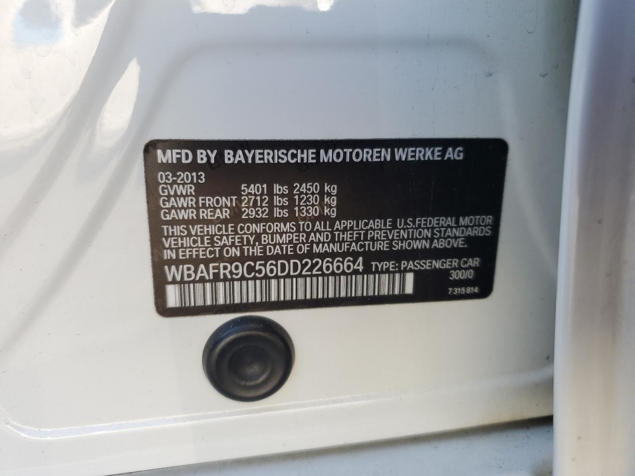 2013 BMW 550 I VIN: WBAFR9C56DD226664 Lot: 85485135