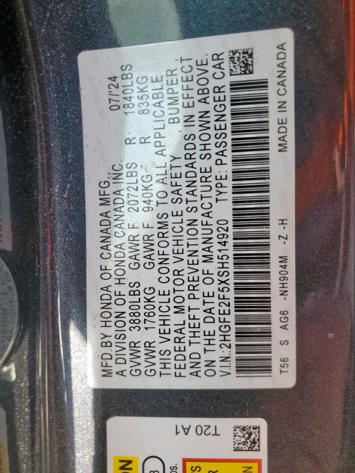 2025 Honda Civic Sport VIN: 2HGFE2F5XSH514920 Lot: 82316205