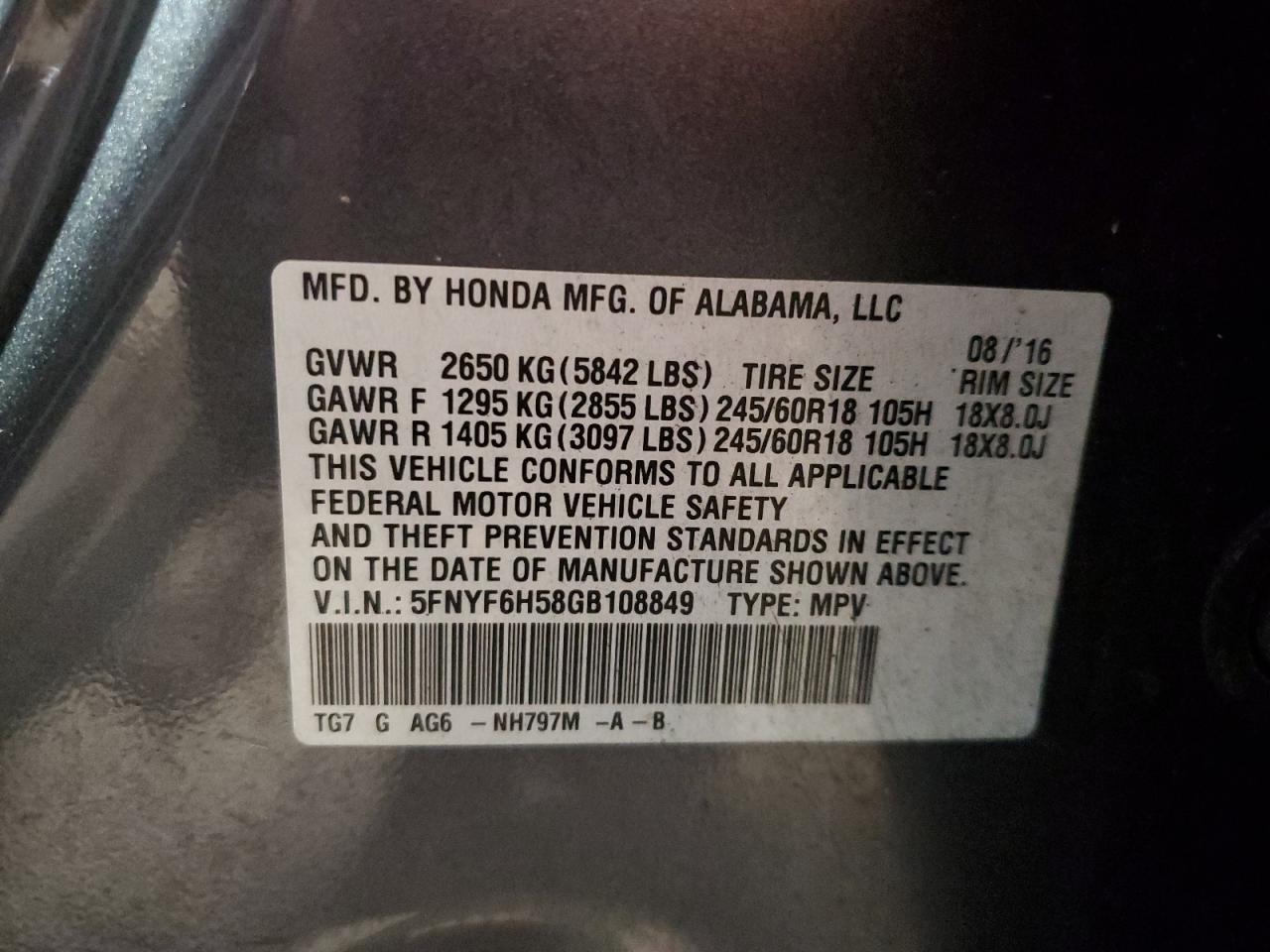 2016 Honda Pilot Exl VIN: 5FNYF6H58GB108849 Lot: 85541685