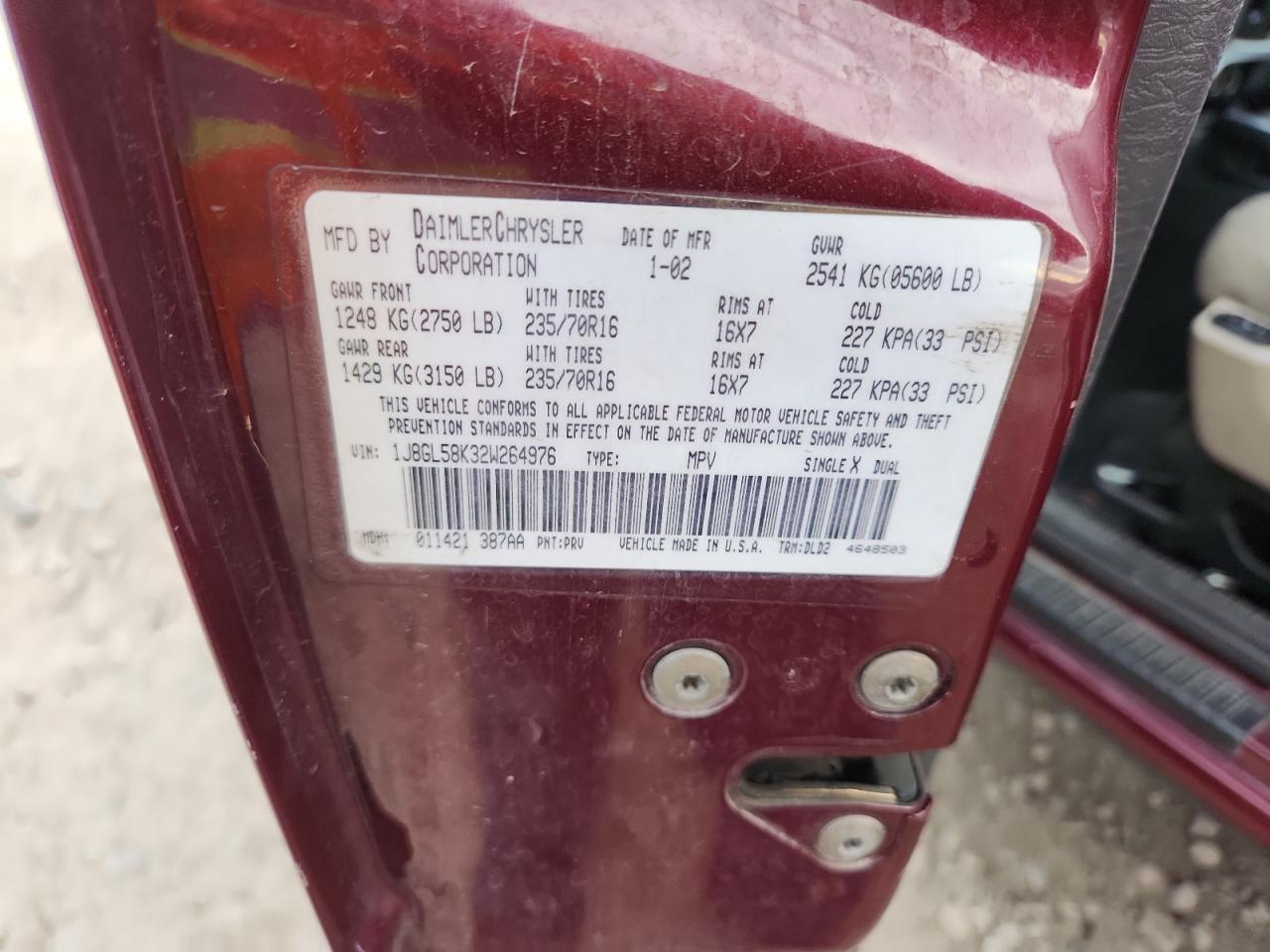 2002 Jeep Liberty Limited VIN: 1J8GL58K32W264976 Lot: 85903225