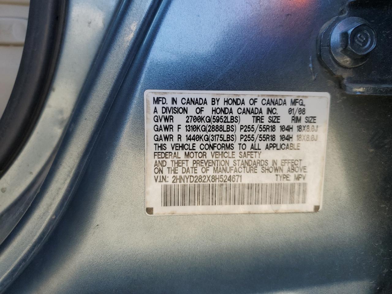 2008 Acura Mdx VIN: 2HNYD282X8H524671 Lot: 82563325