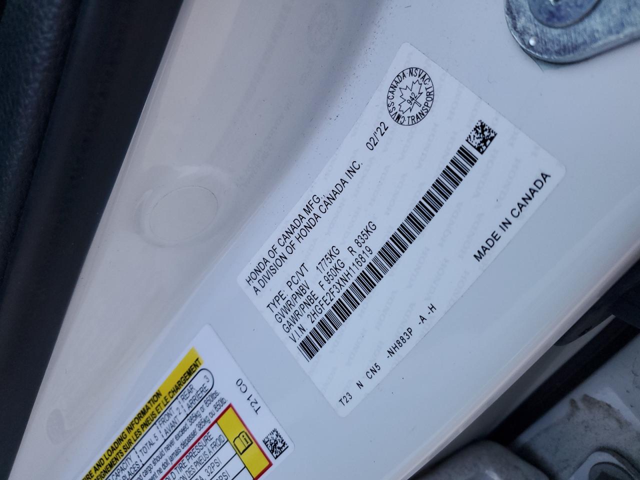 2022 Honda Civic Ex VIN: 2HGFE2F3XNH116819 Lot: 84445525