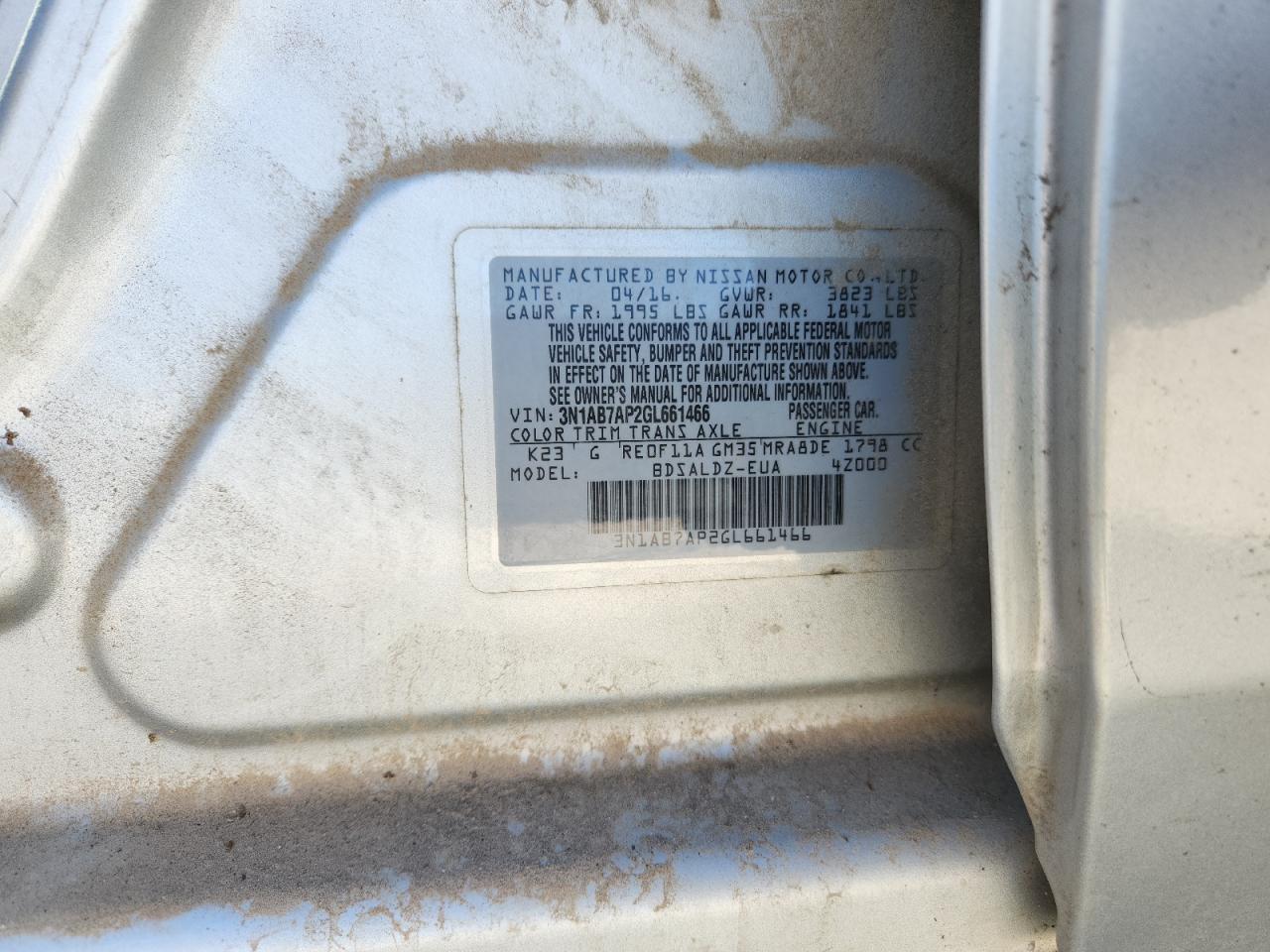 2016 Nissan Sentra S VIN: 3N1AB7AP2GL661466 Lot: 86144985