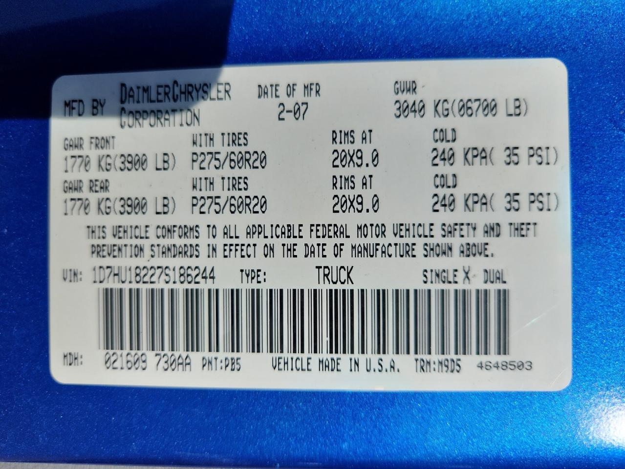 2007 Dodge Ram 1500 St VIN: 1D7HU18227S186244 Lot: 85533735