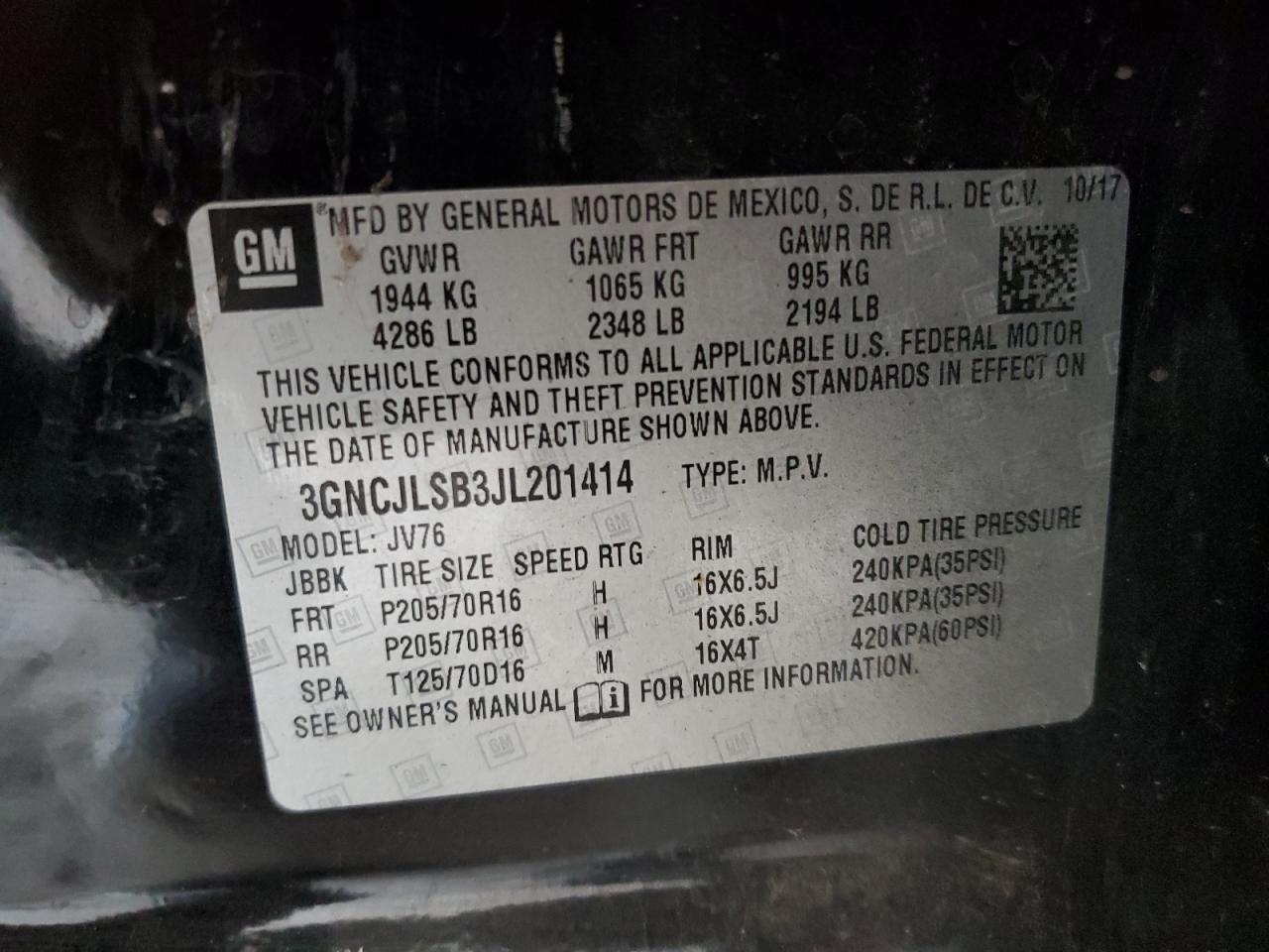 2018 Chevrolet Trax 1Lt VIN: 3GNCJLSB3JL201414 Lot: 87421325