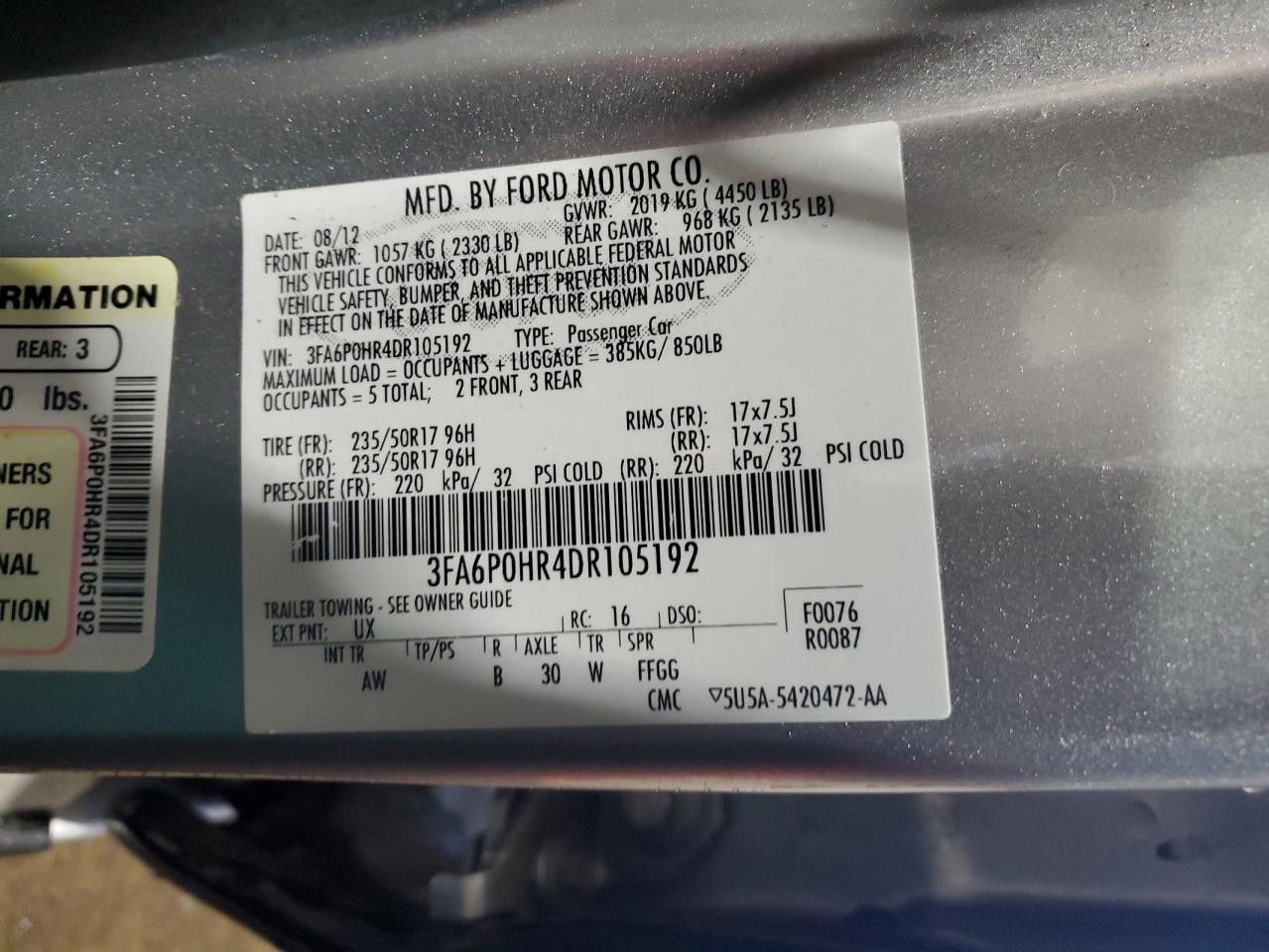 2013 Ford Fusion Se VIN: 3FA6P0HR4DR105192 Lot: 89932565