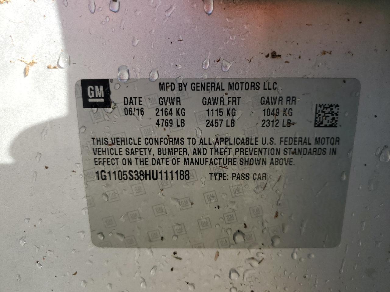 2017 Chevrolet Impala Lt VIN: 1G1105S38HU111188 Lot: 91061625