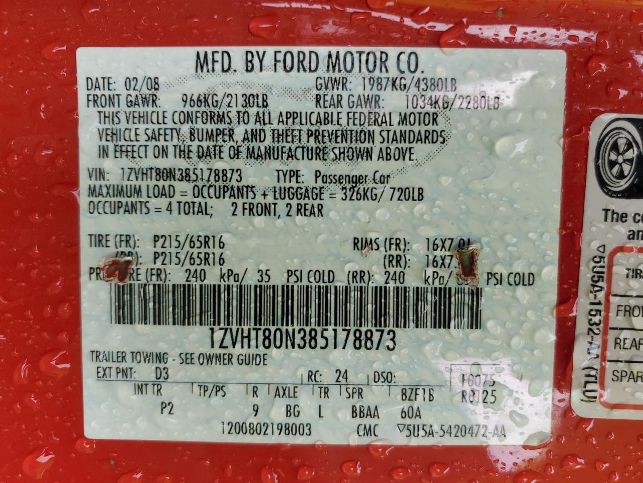 2008 Ford Mustang VIN: 1ZVHT80N385178873 Lot: 90020475