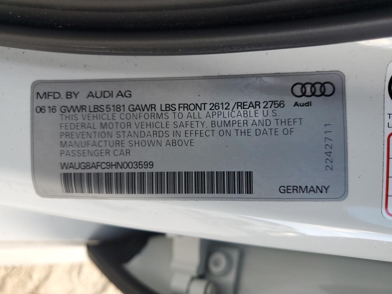 2017 Audi A6 Premium Plus VIN: WAUG8AFC9HN003599 Lot: 83994635