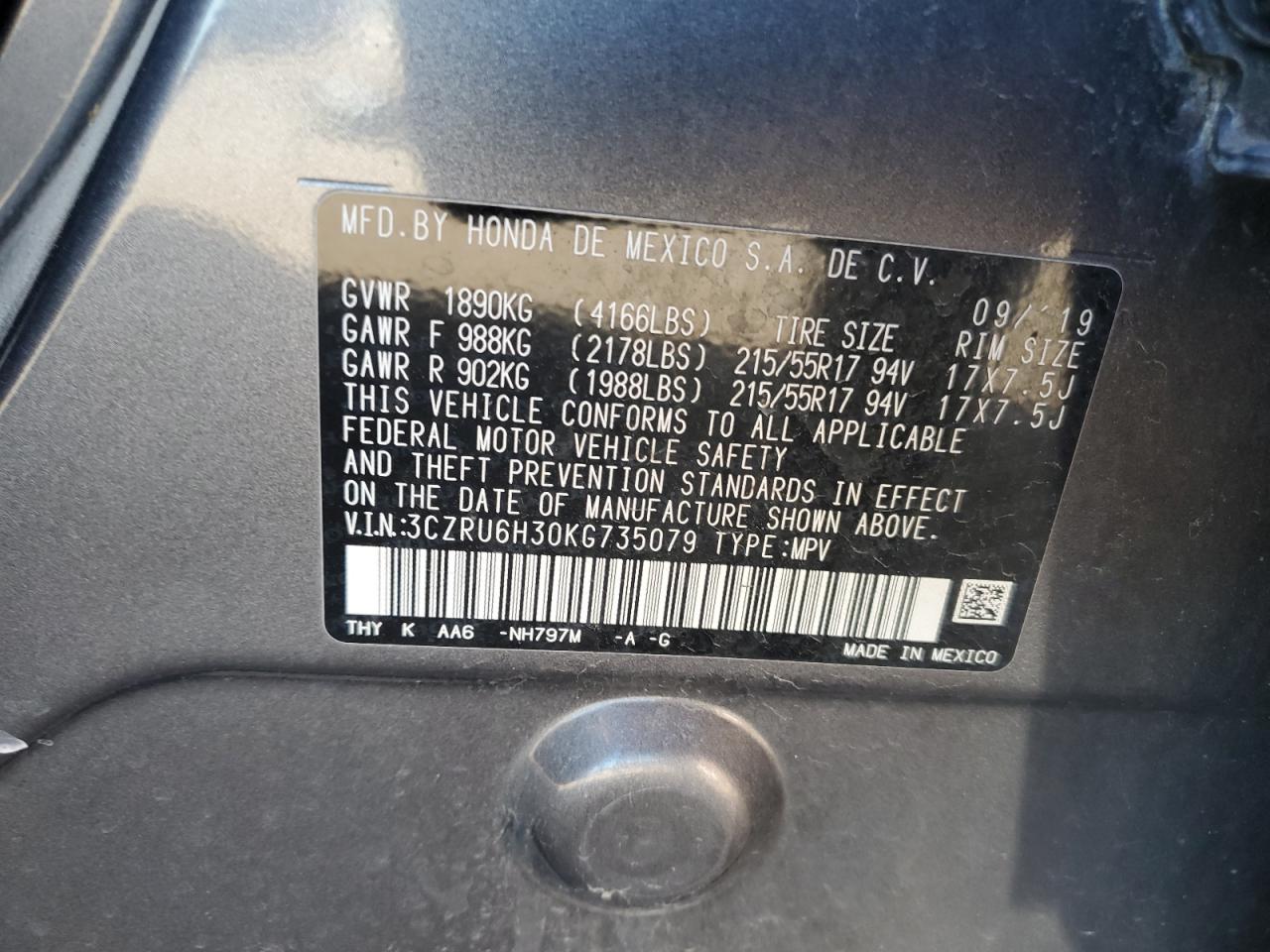 2019 Honda Hr-V Lx VIN: 3CZRU6H30KG735079 Lot: 85736115