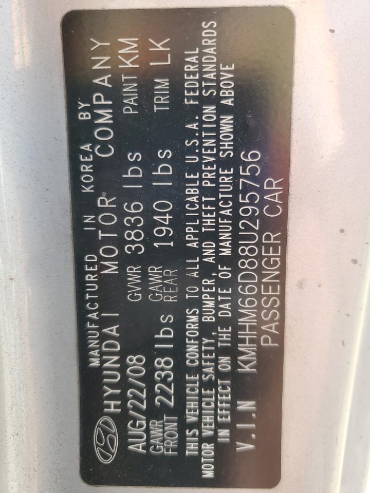 2008 Hyundai Tiburon Gs VIN: KMHHM66D88U295756 Lot: 85137035