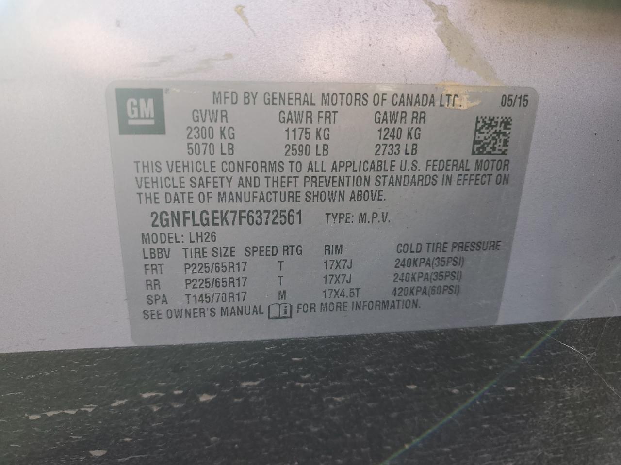 2015 Chevrolet Equinox Lt VIN: 2GNFLGEK7F6372561 Lot: 84776795