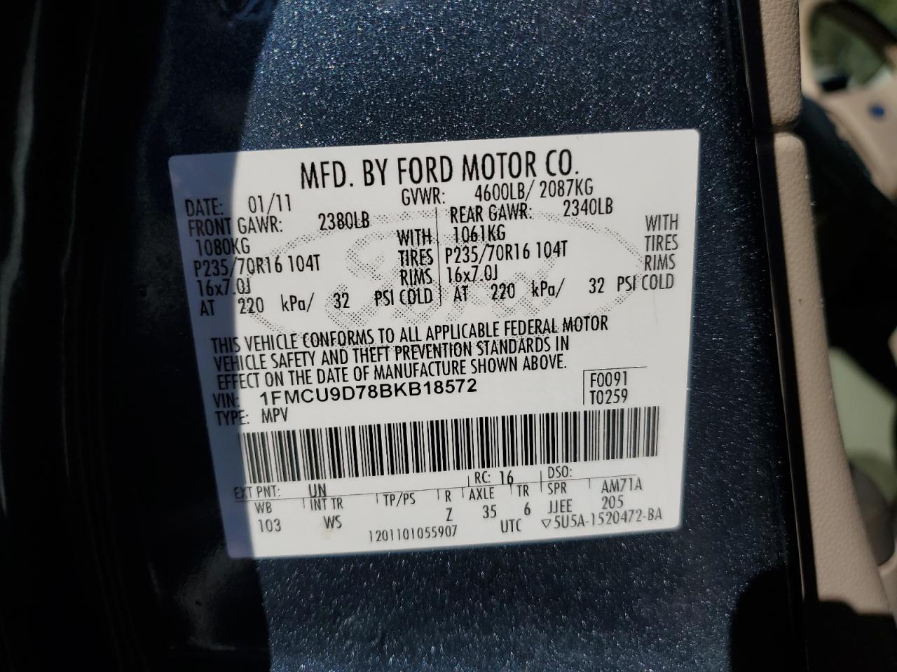 2011 Ford Escape Xlt VIN: 1FMCU9D78BKB18572 Lot: 86116525