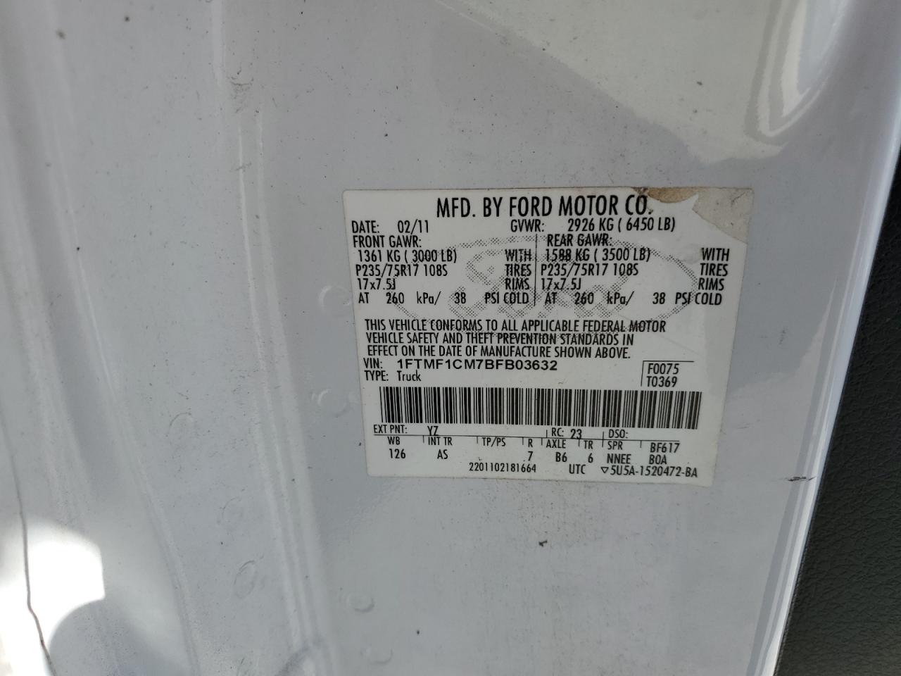 2011 Ford F150 VIN: 1FTMF1CM7BFB03632 Lot: 84797585