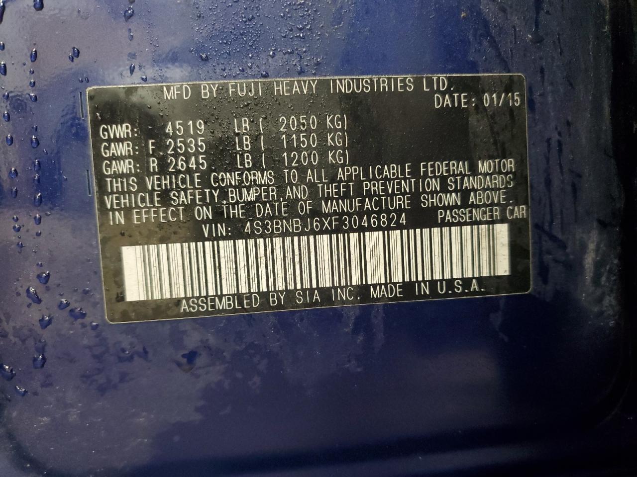 2015 Subaru Legacy 2.5I Limited VIN: 4S3BNBJ6XF3046824 Lot: 90213055