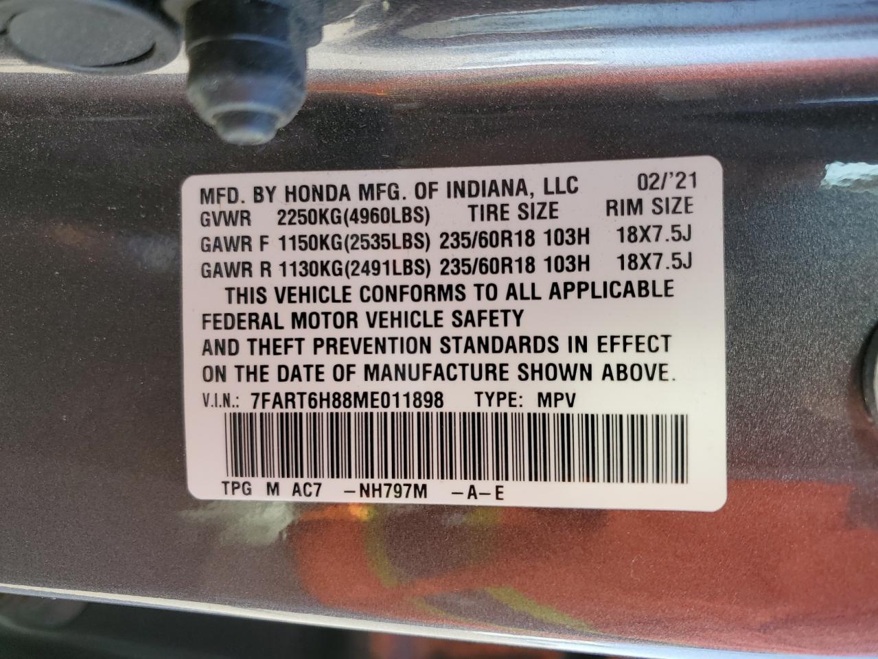 2021 Honda Cr-V Exl VIN: 7FART6H88ME011898 Lot: 85595485